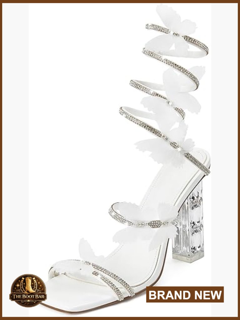 Women's Rhinestone Strappy Heeled Sandals Square Open Toe Block Heel Party Shoes